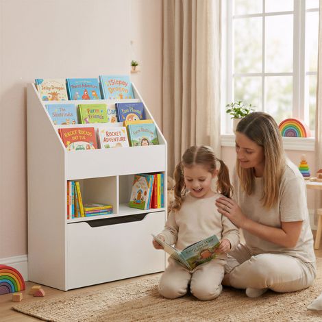 Petite Bibliothèque pour Enfants avec Étagères et Tiroir en MDF, 60x29.9x90cm, Blanc (1/5)