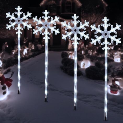 Guirlandes lumineuses solaires de Noël pour allées, décorations d'extérieur en forme de flocon de neige, lampes de jardin étanches XMS sur piquet pour terrasse, cour, porche, pelouse, lot de 4 (blanc)