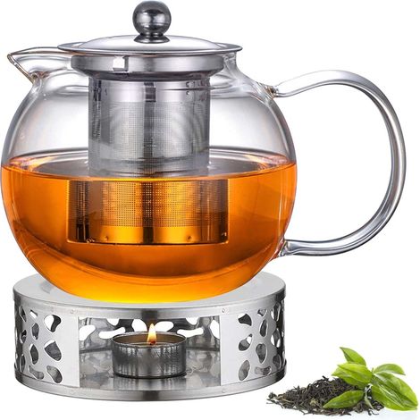 Théière de 1300 ml avec infuseur et couvercle, théière en verre borosilicate, théière en verre avec infuseur et réchaud amovibles, théière en verre pour thé en vrac, thé aux fruits, thé parfumé (1/5)
