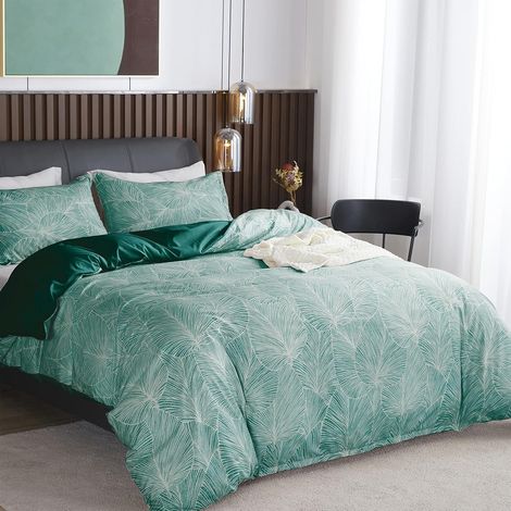 1 Parure de lit, Motif feuilles tropicales, Housse de couette 220x240 cm, 2 Taies d'oreiller 65x65 cm, Microfibre polyester