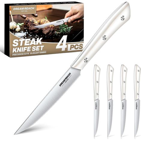 Set de 4 Couteaux à Steak à Lame Droite, Acier Inoxydable Full Tang, Lames Extra Tranchantes, Couverts de Table, Lavables au Lave-Vaisselle