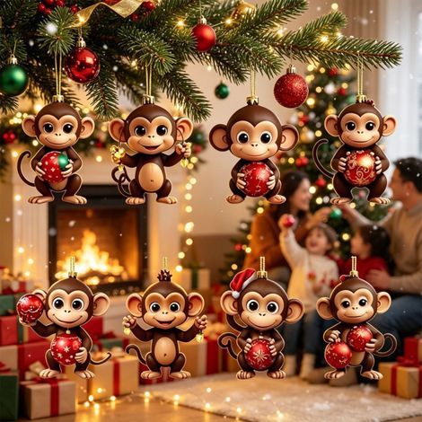 Calendrier de l'Avent 2026 sur le thème des singes, 24 décorations suspendues en acrylique 2D représentant d'adorables petits singes de Noël, ornements colorés pour sapin de Noël et décoration festive (1/5)
