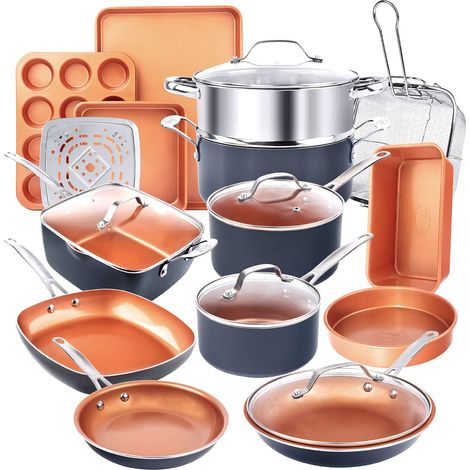 Ensemble de 20 casseroles et poêles, Batterie de Cuisine complète et ustensiles de Cuisson Revêtement céramique antiadhésif en cuivre poêles à Frire (1/5)