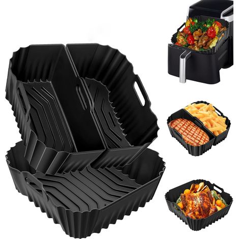 Silikon-Backformen für die Heißluftfritteuse, Set mit 2 wiederverwendbaren quadratischen Backformen mit Silikoneinsätzen, geeignet für eine Heißluftfritteuse mit zwei Kammern.