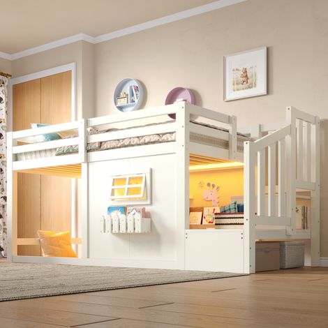 Lit mezzanine 90x200 cm en bois blanc, escalier rangement, gain de place, sans matelas – MEUBLIV (1/5)