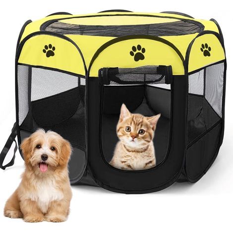 Faltbares Laufgitter mit 2 Türen, 74 x 74 x 43 cm, Spielbereich für Hunde, Katzen und Kaninchen, Gelb (1/5)