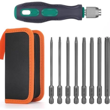 Jeu de 8 Embouts Longs Torx Tournevis Torx, Longueur 100 mm, Embouts Magnétiques, Tige Hexagonale de 1/4", Tailles T8 à T40, Avec 1 Poignée et un Sac de Rangement (1/5)
