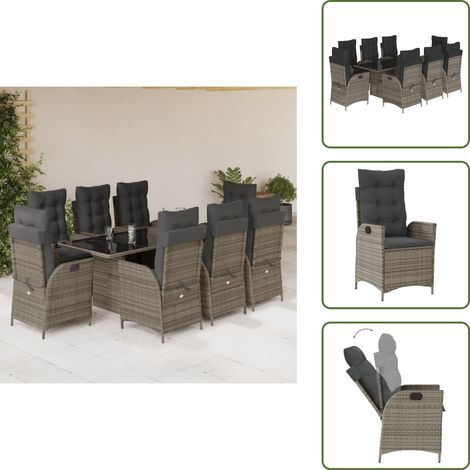 Chaise de jardin inclinable - vidaXL Ensemble à manger de jardin 9 pcs coussins gris résine tressée - Coussins de siège (1/5)