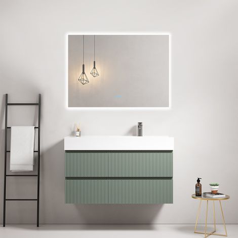 Mobile bagno sospeso cannettato 100 cm Verde Salvia Lavabo a Destra in Resina Specchio Quadro Retroilluminato - Fiji Paint (1/4)