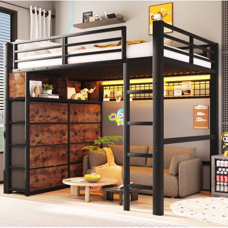 Lit mezzanine 140x200 cm en métal noir avec LED, 8 tiroirs OKMYHOME (1/5)