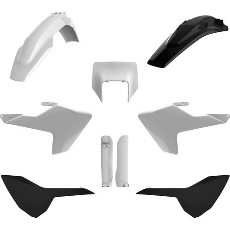 JUEGO DE PLÁSTICOS POLISPORT (KIT COMPLETO) HUSQVARNA TE/FE TPI '17-'19 INCLUYE PLACA DELANTERA (8666900001) Y CUBIERTAS DE AMORTIGUADOR (8398900001) COLOR NEGRO BLANCO
