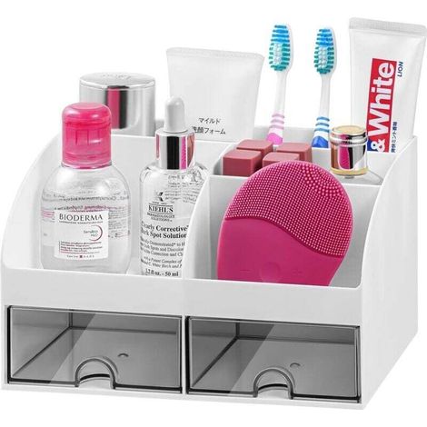 organisateur de lavabo de salle de bain avec 8 emplacements pour dentifrice et tiroirs, organisateur en plastique pour salle de bain pour coiffeuse/maquillage/bureau blanc