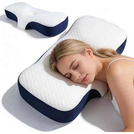 Oreiller Ergonomique, Oreiller Memoire Forme Cervicales, Cervical, Soutien du Cou Profilé, Coussin, Douloureuses Soulagement Convient Au Dormeurs sur Cou Côté Dos Et Ventre, Bleu Marine (1/5)