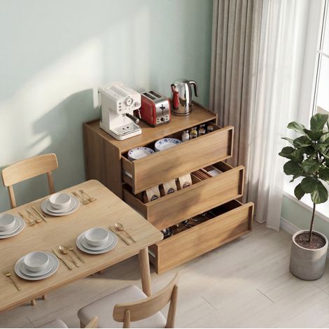 Kommode 80x48x78 cm, mit drei Schubladen, grifflos, mit Kippschutz, aus MDF und Spanplatte, Eiche (1/5)