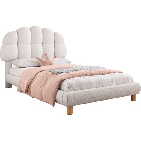 Letto Singolo per Bambini 90 x 200 cm in Boucle e MDF, Testiera Regolabile, 12 Doghe, Bianco (1/5)