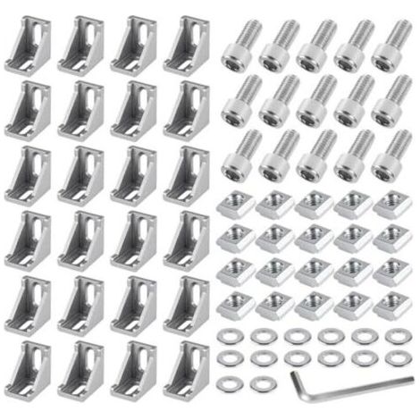 Kit de fixation pour cornières en aluminium (24 pièces, connecteurs d'angle 40x40 mm), équerres, supports muraux, grille d'angle à 90° pour profilés de support, imprimantes 3D, fraiseuses CNC, projets