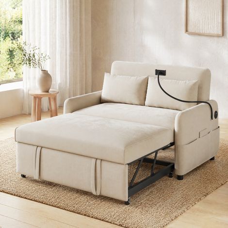 2-Sitzer Schlafsofa Beige aus Chenille, verstellbare Rückenlehne, USB, Rollen HAVRYA (1/5)