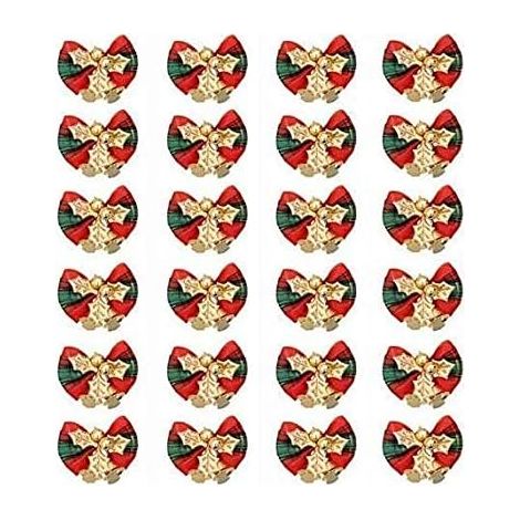 Lot de 24 décorations de Noël en forme de nœud, cloche et nœud rouge pour sapin de Noël (motif écossais rouge et vert) (1/2)