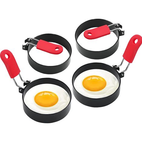 Moule à omelette rond antiadhésif 4 pièces (7,6 cm) avec poignée en silicone rouge -