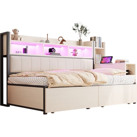 Lit-banquette en fer 90 x 200 cm, avec compartiments de rangement polyvalents et casiers, prises multifonctions et éclairage LED, avec grands tiroirs et bureau escamotable, blanc (1/5)