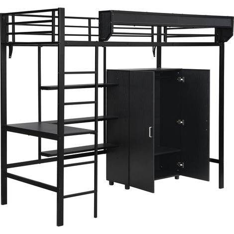 Schwarzes Metall-Hochbett 90 x 200 cm mit Schreibtisch, Schrank und 5-stufiger Leiter (1/5)