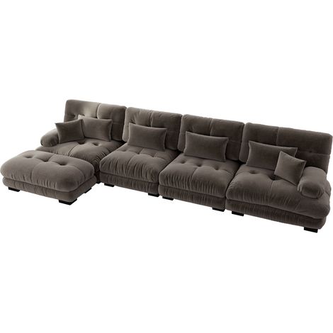 Canapé d'angle modulable 4 places en chenille vintage brun avec ottoman mobile (1/5)