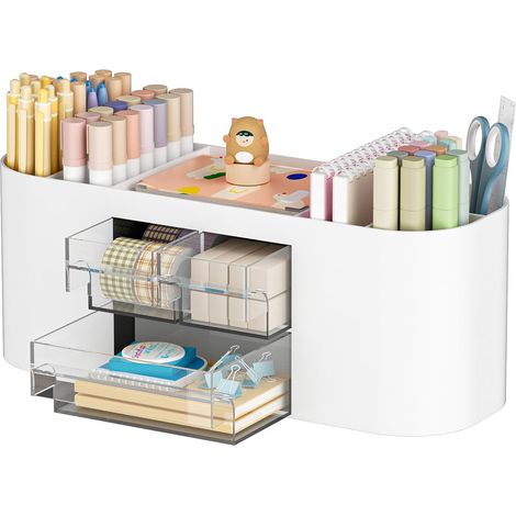 Equipé de 3 tiroirs, porte - stylo multifonctions, accessoires de bureau et étagères, 7 compartiments, idéal pour la maison, l'école et le Bureau (blanc, 26  10.5  9.5cm) (1/5)