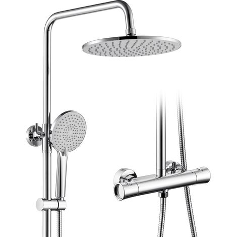 Set Doccia Termostatico, Sicurezza Blocca a 38°C Antiscottatura, Soffione 10 Pollici e Doccetta a 3 Getti, Barra Regolabile ed Estensibile, Installazione Rapida e Facile,Cromo