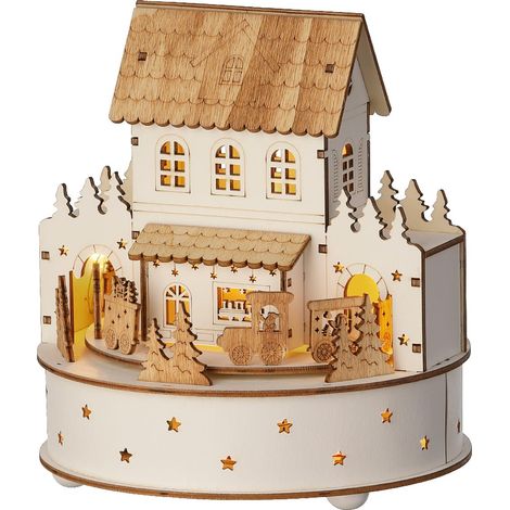 Lumineo Batterie LED Weihnachts-Szene Haus mit 2 Torbögen Bewegung & Musik Ø 17,5 cm Höhe 19,5 cm 5 LED - warmweiß (1/5)