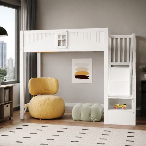 MEUBLIV Letto a soppalco 90x200 cm bianco – scala reversibile, senza materasso (1/5)