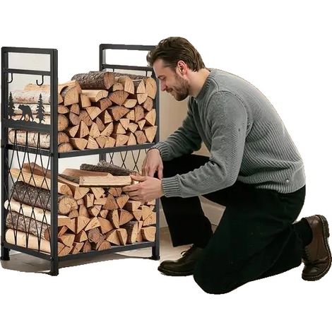 Soporte para leña, material de acero, 455 x 330 x 765 mm, capacidad de carga máxima 181,4 kg, uso en interiores, juego de herramientas incluido (1/5)