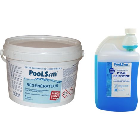 Pack Désinfection de l'eau POOLSAN sans chlore Régénérateur + Bouteille doseuse 1L