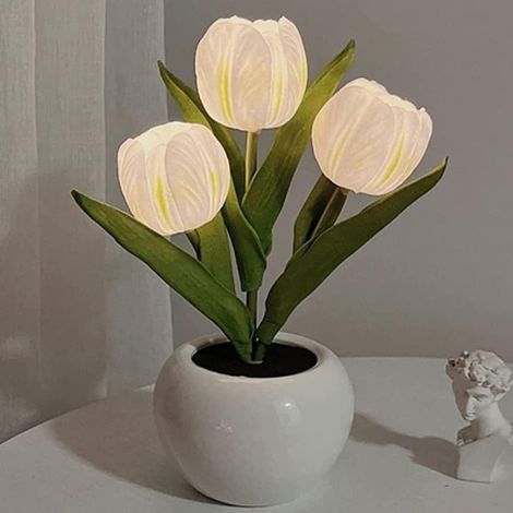 Lampe de table décorative, en forme de tulipe, en céramique, de couleur blanche, fonctionnant sur piles.-AquaForge (1/5)