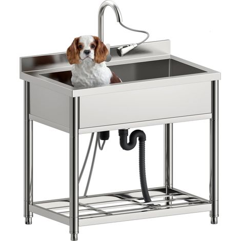 Grand Évier à Autoportant en Acier Inoxydable, 90 cm Évier de Cuisine sur Pied avec Robinet Extractible, Évier Autonome pour Extérieur, Cuisine, Restaurant, Garage, Buanderie, Jardin (1/5)