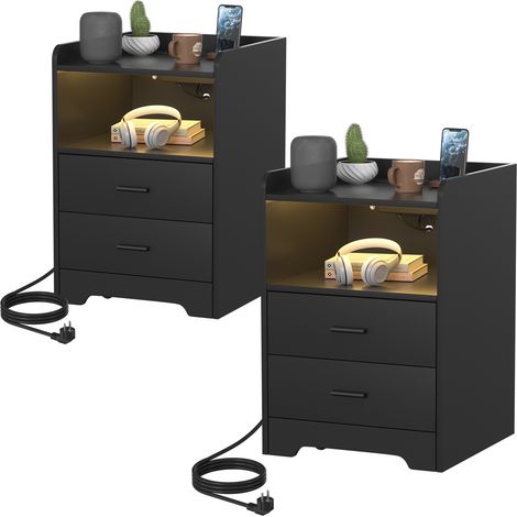 Jiubiaz 2er Set Nachttische auf 4 Rollen, RGB-Licht mit Musik- und Timerfunktion, 2 Schubladen, offenes Fach, 2 Steckdosen, USB, USB-C, Schwarz (1/5)