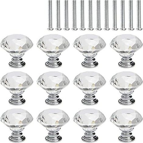 12 Pcs Bouton de Meuble Cristal, Poignée Bouton de Porte Placard Meuble Tiroir, Diamant de Verre Cristal Transparent, Base en Argent
