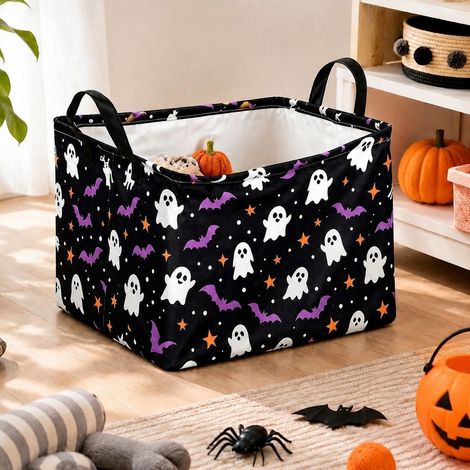 Panier de Rangement Halloween Pliable Toile de Chanvre Chauve-Souris Violet 38 x 26 x 25 cm (1/5)