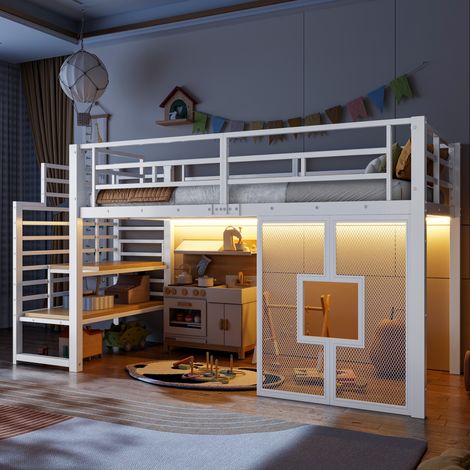 Lit mezzanine enfant en métal blanc 90 x 200 cm avec escalier, espace de rangement et éclairage LED et fenêtres Fer+MDF (1/5)