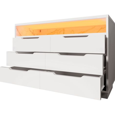 ELVMI Sideboard mit 6 Schubladen und 1 offenem Fach und LED für Wohnzimmer oder Schlafzimmer aus Spanplatte 120×40×85 cm Weiß (1/5)