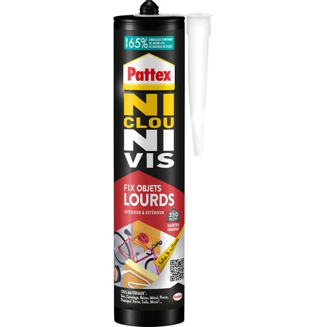 Pattex Ni Clou Ni Vis Fix Objets Lourds, Colle de fixation forte tous supports, colle de construction puissante et flexible, colle blanche, cartouche de 460 g