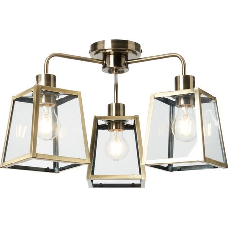 Litecraft Emery Antique Brass Ceiling Light Industrial Styled Semi Flush 3 Arm