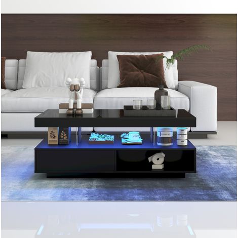 Mesa de centro 95x50x42.5 cm negra en tablero de partículas con acabado brillo, 2 cajones, 2 huecos y LED (1/5)