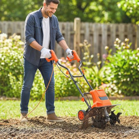 Motobineuse Électrique 1500W, 6 Lames 65Mn, Largeur 20-40 cm, Jardinage, Orange (1/5)