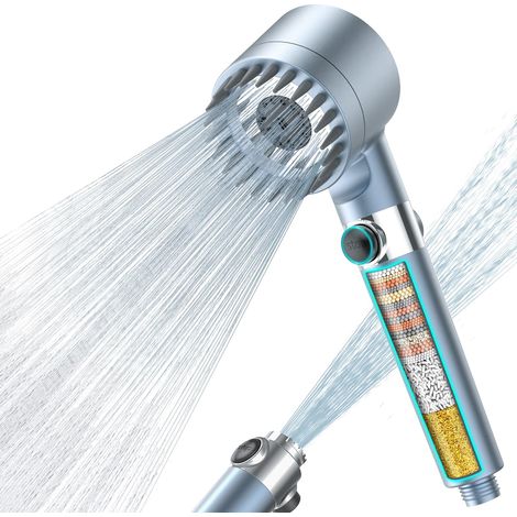 Pommeau de Douche Anti Calcaire avec 15 Étapes Filtre et avec Tuyau 1,5M, Filtre Douche 3 + 1 Types de Jets Pommeau Économie Deau Haute Pression -Bleu (1/5)