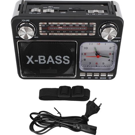 Radio portable rétro AM FM SW Bluetooth, horloge lumineuse, tuning manuel, batterie rechargeable 1200mAh, noir (1/5)