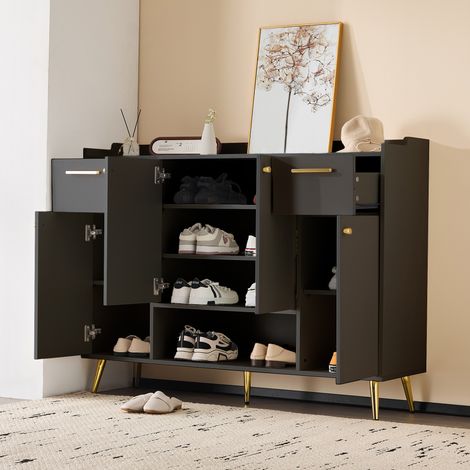 Scarpiera in truciolare nera con 4 ante, 2 cassetti e vano aperto, 130 x 37 x 100 cm