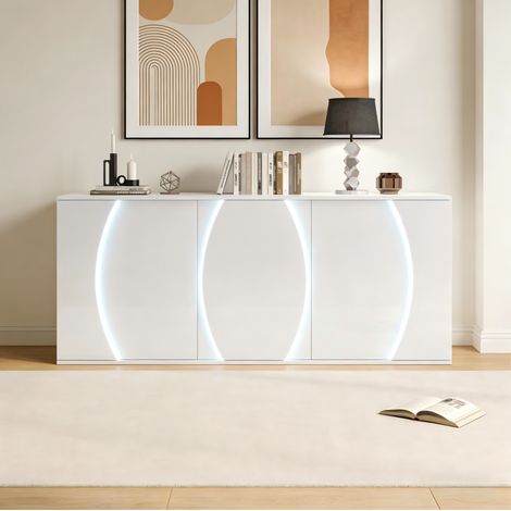 Aparador para salón (150x40x70 cm), con tres puertas, baldas regulables, iluminación LED, tablero de partículas, blanco (1/5)