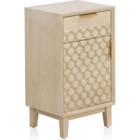 Table de chevet marfil en bois orné avec tiroir et porte - chêne marfil doré sculpté (1/5)