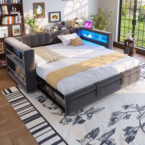 Lit gigogne 90x190 cm avec éclairage LED, prise électrique et compartiments de rangement, en tissu, sans matelas, gris foncé