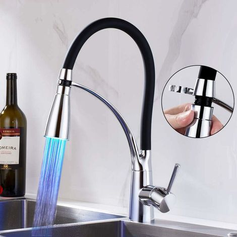 Kitchen tap Kitchen Pull Out Faucet Two Functions with Led Light 360 Swivel Chrome Kitchen Faucets Cold and Hot Water Kitchen Sink Mixer Tap (1/4)